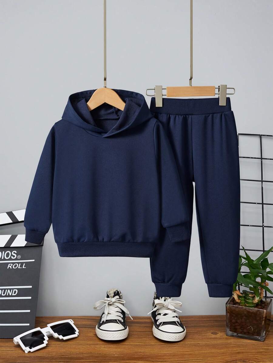 Young Boy Hooded Sweatshirt And Pants Set, Solid Color, Autumn And Winter, 2pcs - Navy Blue - View 1