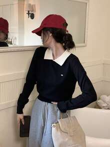 Korean Polo Collar Autumn/Winter New Short Top, Thin Top, Color Block , Long Sleeved Women's Sweater - Black - View 5