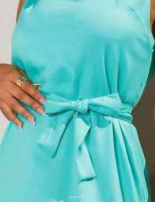 Women's Linen Dress With Tie-Up, Sleeveless - màu xanh lá - Xem 2