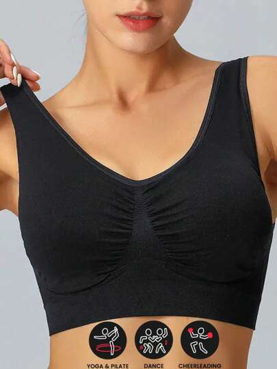 MELERIO Dam Yoga Basic Svart Push Up Sport-BH, Sömlös Bralette Med Mellanstöd Enfärgat Underkläder Pyjamas Utan Bröstvadd Andningsbart Sovtröja Linne Nattskjorta Träningskläder Gymtillbehör