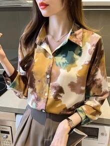 女士扎染印花休闲长袖衬衫，春秋装，长袖上衣 - 彩色 - 查看 2