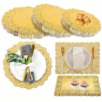 100pcs Gold Paper Lace Doilies Paper Placemats Doily - Decorative & Disposable For Dessert Fried Food, Wedding Tableware Decoration, Cake Packaging -Round/Oval/Rectangle Wedding Party Gift Bags School Supplies Food Bag Food Box Suitable For Candy Chocolate Cookies Etc.