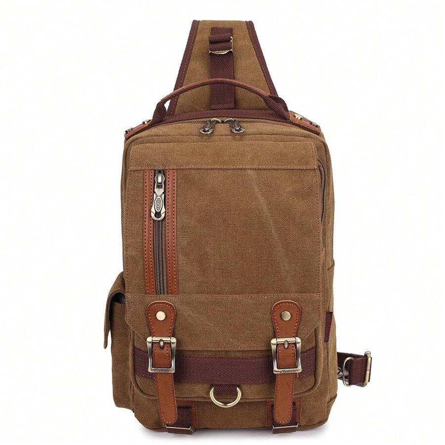 KAUKKO Canvas Messenger Bag Cross Body Shoulder Sling Backpack Travel Hiking Chest Bag - Khaki - View 1