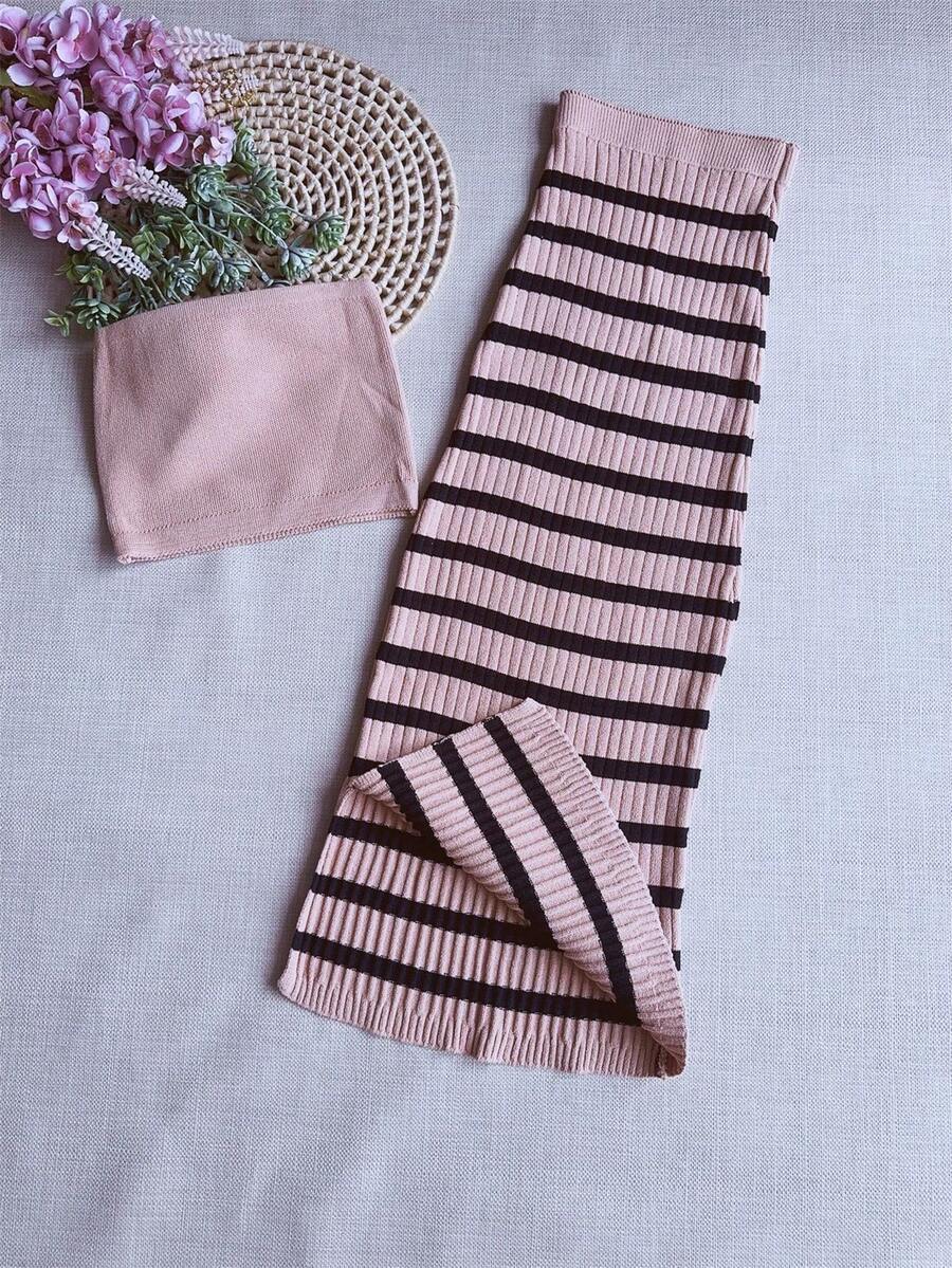 Sets, Top Comes With Striped Modal Skirt, Women's Fashion - Màu Khaki - Xem 1