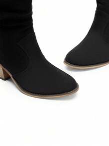 Women's Slip-On Western Boots Classic Fashion Wood Grain Bottom Mid-Tube Chunky Heel With Pull Tab Winter  Ankle Boots - 黑色絨面革 - 查看 5