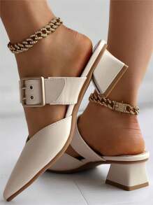 女士米色玛丽珍一脚蹬方扣尖头粗跟鞋，优雅通勤日常舒适低跟女式新款穆勒鞋