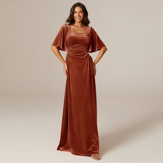 Square Neck Bridesmaid Dresses With Short Sleeves, Elegant Dress