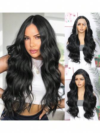 合成耐热 13x6 长波浪发 预拔发际线 合成高清蕾丝前假发 24 英寸黑色合成头发 每根自然发际线 日常使用 高品质 适合女孩 女性角色扮演 自然合成柔软假发