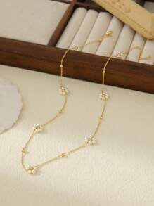 1pc Stainless Steel 18K Plated Multi-Color Flower Necklace, Suitable For Work, Party, Date, Summer Beach Jewelry Valentines - Yellow Gold - View 14