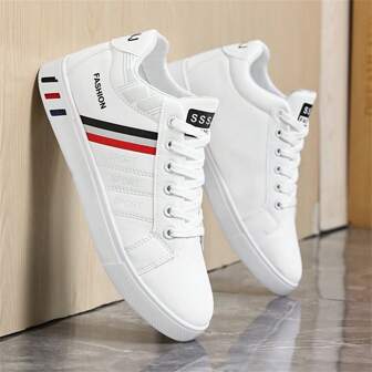 Scarpe da skate piatte con lacci stile semplice, da uomo, basse, comode, antiscivolo, con suola spessa, casual, adatte per attività all'aperto, versatili scarpe bianche da uomo