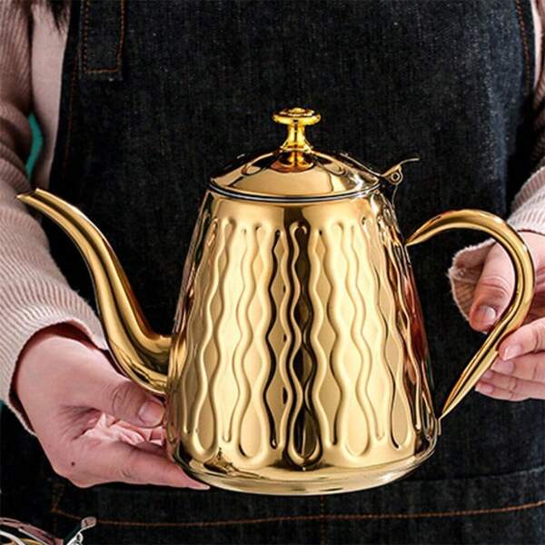 1 pezzo Bollitore da tè Cabilock per piano cottura, bollitore a collo d'oca per caffè filtrato, in acciaio inossidabile, Teiera per tè e caffè, colore oro, per uso esterno, campeggio