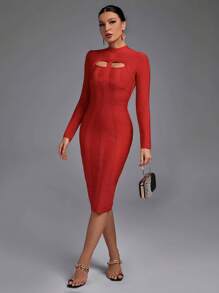 Earkoha Women's Fashion Sexy Temperament Elegant Tight Autumn And Winter Medium-Length Solid Color Hollow Bandage Dress Party Cocktail Evening Dress - 紅色 - 查看 6