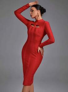 Earkoha Women's Fashion Sexy Temperament Elegant Tight Autumn And Winter Medium-Length Solid Color Hollow Bandage Dress Party Cocktail Evening Dress - 紅色 - 查看 4