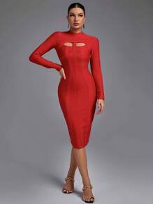 Earkoha Women's Fashion Sexy Temperament Elegant Tight Autumn And Winter Medium-Length Solid Color Hollow Bandage Dress Party Cocktail Evening Dress - 紅色 - 查看 5