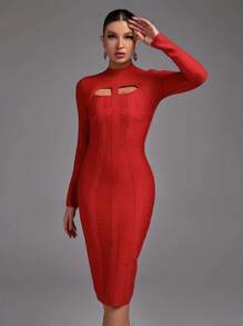 Earkoha Women's Fashion Sexy Temperament Elegant Tight Autumn And Winter Medium-Length Solid Color Hollow Bandage Dress Party Cocktail Evening Dress - 紅色 - 查看 3