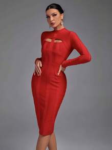 Earkoha Women's Fashion Sexy Temperament Elegant Tight Autumn And Winter Medium-Length Solid Color Hollow Bandage Dress Party Cocktail Evening Dress - 紅色 - 查看 1