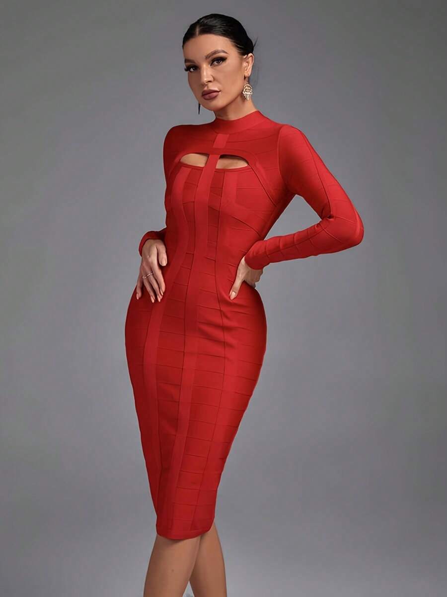 Earkoha Women's Fashion Sexy Temperament Elegant Tight Autumn And Winter Medium-Length Solid Color Hollow Bandage Dress Party Cocktail Evening Dress - 紅色 - 查看 1