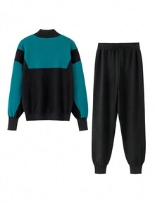 Spring Autumn Outdoor Women Two Pieces Sweater + Pants Set - Blue - View 2