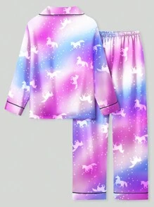 2pcs Tween Girl Star Galaxy Unicorn Print Long Sleeve Pajama Set - Multicolor - View 2