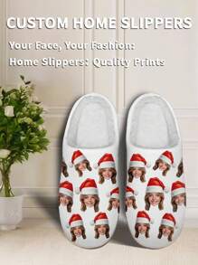 1 Pair Christmas Custom Home Slippers, Personalized Santa Photo Home Slippers, Custom Christmas Hat Thick Sole Home Slippers, Personalized Home Slippers, Photo Home Slippers, Personalized Home Slippers For Women, Personalized Home Slippers, Halloween Gift, Funny Gift ﻿