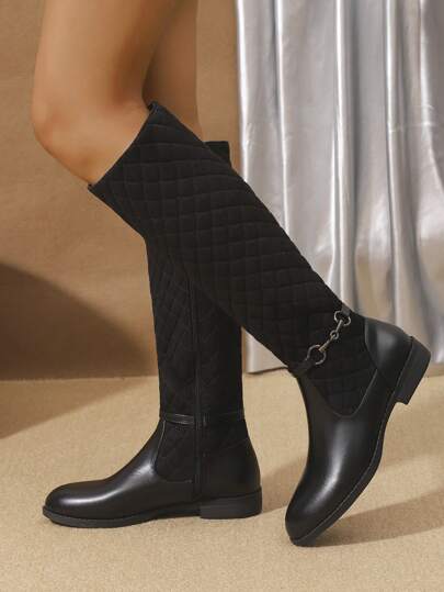 2024 بوت نسائية طويلة حتى الركبة مريحة للخارج مانعة للانزلاق، مزينة بتطريز معدني باللون الأسود، بوت كاجوال متعددة الاستخدامات بسحاب جانبي حتى منتصف الساق، بوت كاوبوي بنعل سميك وأصبع مستدير للحفلات