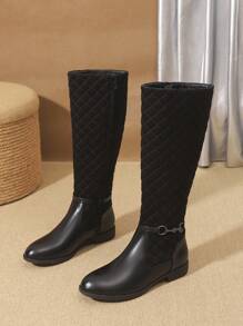 Botas altas para mujer cómodas y antideslizantes para otoño/invierno 2024, con decoración metálica bordada, botas negras casuales y versátiles con cremallera lateral hasta la pantorrilla, suela gruesa y punta redonda, estilo vaquero occidental