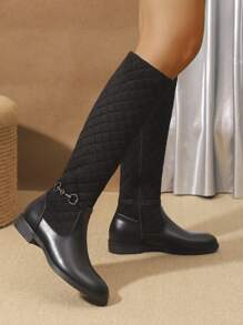 Botas altas para mujer cómodas y antideslizantes para otoño/invierno 2024, con decoración metálica bordada, botas negras casuales y versátiles con cremallera lateral hasta la pantorrilla, suela gruesa y punta redonda, estilo vaquero occidental