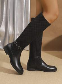 Botas altas para mujer cómodas y antideslizantes para otoño/invierno 2024, con decoración metálica bordada, botas negras casuales y versátiles con cremallera lateral hasta la pantorrilla, suela gruesa y punta redonda, estilo vaquero occidental
