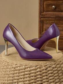 MonaNise Women's Fashion Pointed Toe Low Vamp Pumps In Pink, Purple, Gold, Silver, Navy Blue, Black & Brown, 9cm Thin Heel, Comfortable, Suitable For Shopping, Vacation, Travel, Outdoor - Purple - View 2