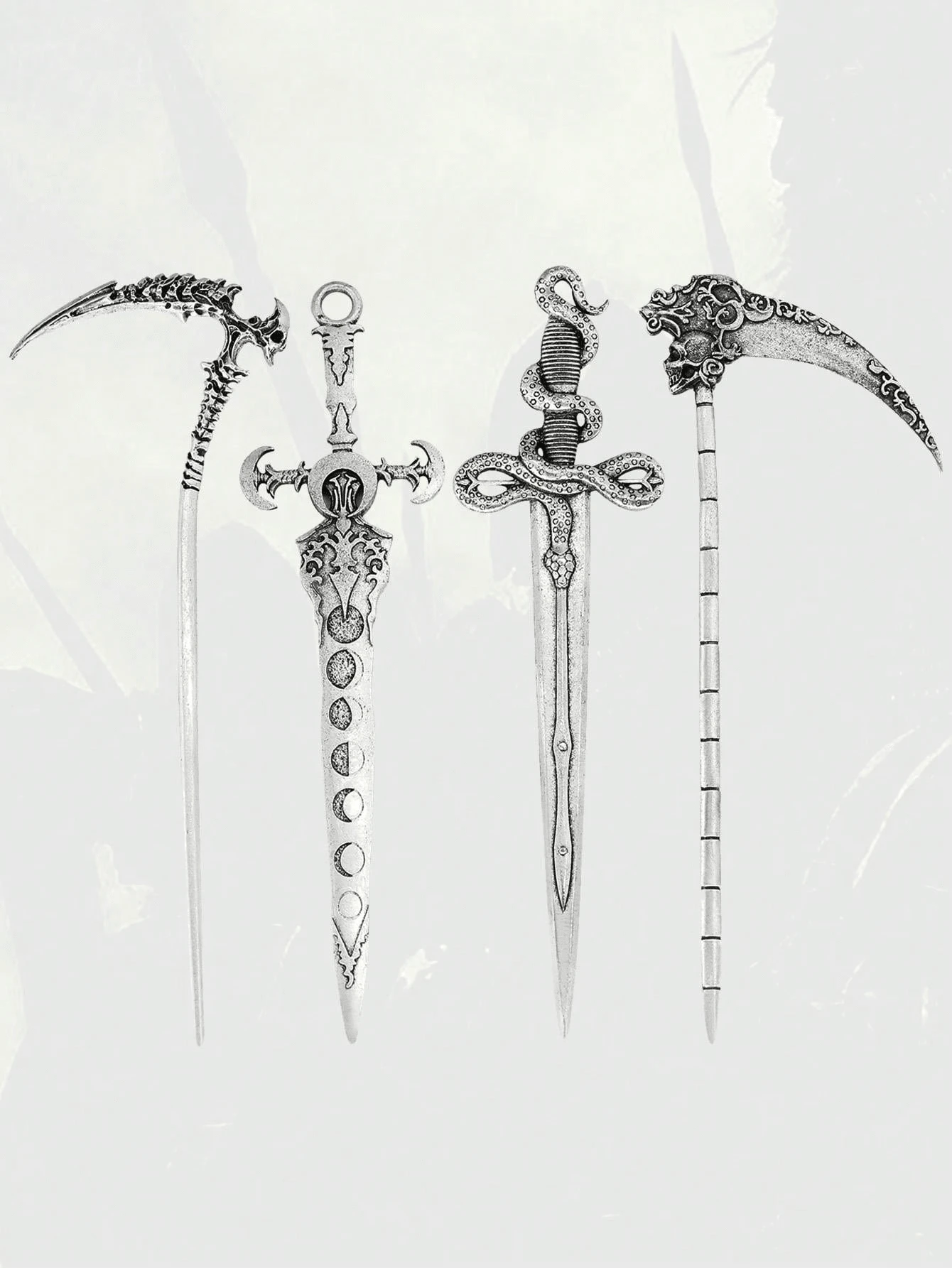 Witch Death Skull Hair Clip Moon Sword Hair Stick Retro Snake Sword Hair Clip Jewelry Hair Clip Women's 4-Piece Set