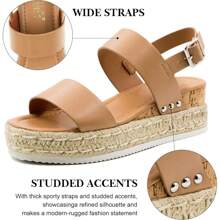 Athlefit Women's Espadrilles Sandals Ankle Strap Buckle Wedge Sandal Open Toe Studded Platform Sandals Fashionable Comfortable Vacation Shoes - 卡其色 - 查看 5