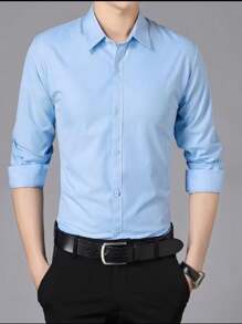 Men's Long Sleeve Slim Fit Dress Shirt - 淺藍色 - 查看 2