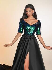 Glamorous Black Sequin Top With Half Sleeves And Satin High Slit Long Skirt, Formal Evening Gown, Prom Dress For Women, Elegant Party Dress For Wedding Guest, Graduation, Dinner - Black - View 9