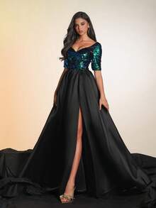 Glamorous Black Sequin Top With Half Sleeves And Satin High Slit Long Skirt, Formal Evening Gown, Prom Dress For Women, Elegant Party Dress For Wedding Guest, Graduation, Dinner - Black - View 6
