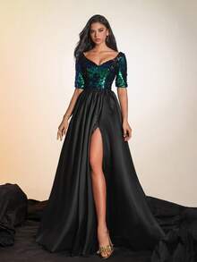 Glamorous Black Sequin Top With Half Sleeves And Satin High Slit Long Skirt, Formal Evening Gown, Prom Dress For Women, Elegant Party Dress For Wedding Guest, Graduation, Dinner - Black - View 8