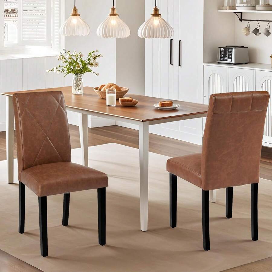 VECELO Set Of 2 Linen Upholstered Dining Chairs With Solid Wood Legs, High Back Ergonomic Kitchen Chairs,Brown - 棕色 - 查看 1