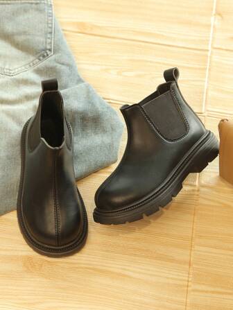 儿童休闲切尔西靴，圆头弹力套穿踝靴，百搭黑色踝靴