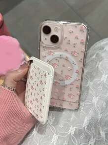 1 szt. Ładne przezroczyste etui na telefon z magnetycznym ładowaniem bezprzewodowym z kwiatowym wzorem, kompatybilne z 16 15 14 13 12 11 Pro Max, z magnetycznym gniazdem na kartę i akcesoriami do podstawek - Przezroczysty - Zobacz 2