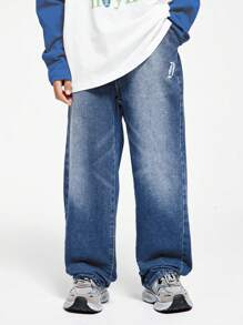 DKRD Teen Boys Vintage Washed Letter Embroidered Straight-Leg Loose Casual Wide-Leg Jeans, Suitable For Spring And Autumn - Medium Wash - View 2