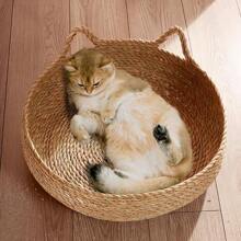 Cama para gatos natural, ninho de grama, casinha para animais de estimação, feita à mão em vime com tapete macio, cama resistente para gatos adequada para todas as estações, removível e lavável - Amarelo - Ver 3
