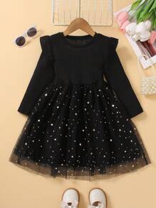年轻女孩优雅公主风格圆领长袖连衣裙，配有亮片、星星图案和网眼嵌件 - 黑色 - 查看 2