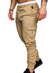 Pantalones de trabajo ajustados con cordón y multibolsillos de algodón para hombre - Beis - Ver 3