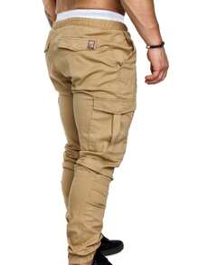 Pantalones de trabajo ajustados con cordón y multibolsillos de algodón para hombre - Beis - Ver 4