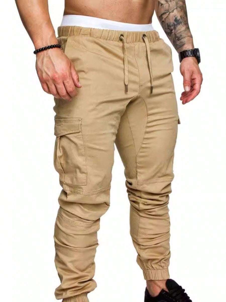Pantalones de trabajo ajustados con cordón y multibolsillos de algodón para hombre - Beis - Ver 1