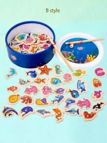 1件早教益智木制桶海洋钓鱼玩具儿童认知趣味海洋小鱼适合亲子游戏 - 彩色 - 查看 8