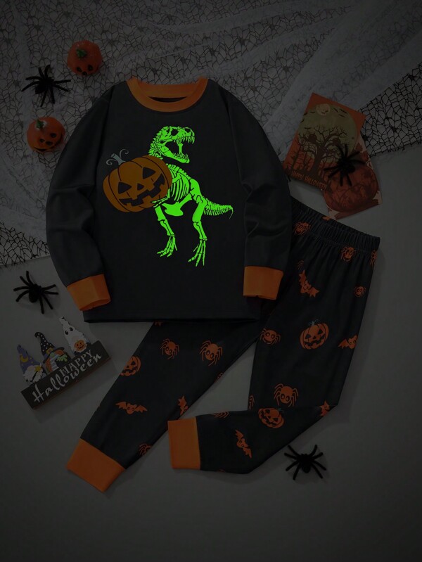 Young Boy 2pcs/Pajama Set Snug Fit Halloween Kids Long Sleeve Shirt And Pants Pajama Set, Glow-In-The-Dark Dinosaur Pumpkin Printed Pattern, Autumn/Winter Outfit