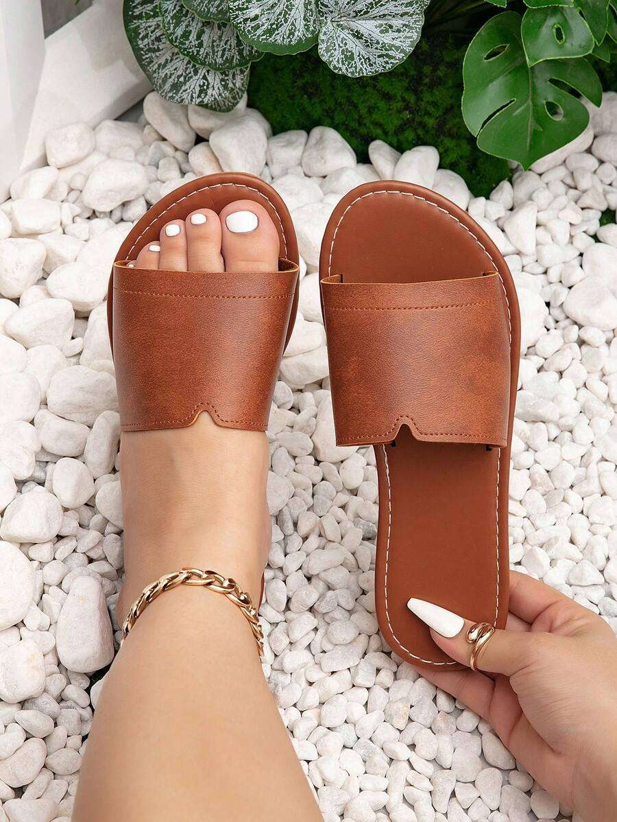 Wide Fit Women Casual Flat Slides, Round Toe Non-Slip House Outdoor Beach Sandals,Travel Essentials For Summer
