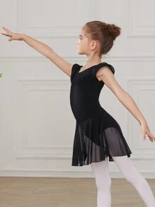 Ballettanzug für Tween-Mädchen, mit Rüschen, doppellagigen Ärmeln, Ballettkleid mit Rundhalsausschnitt, hochelastischer Netzrock für Tanzübungen