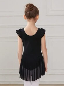 Ballettanzug für Tween-Mädchen, mit Rüschen, doppellagigen Ärmeln, Ballettkleid mit Rundhalsausschnitt, hochelastischer Netzrock für Tanzübungen