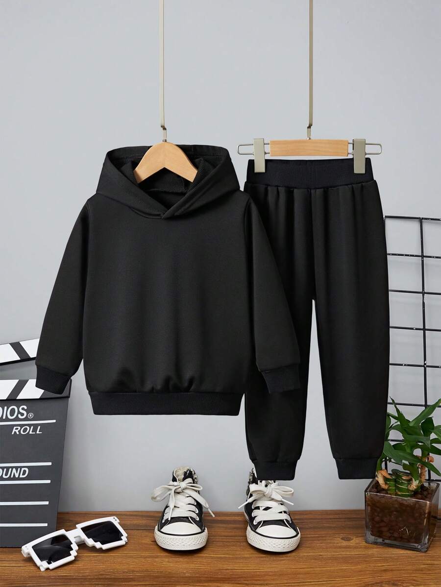 Young Boy Hooded Sweatshirt And Sports Pants Set, Solid Color, Autumn/Winter, 2pcs - Black - View 1